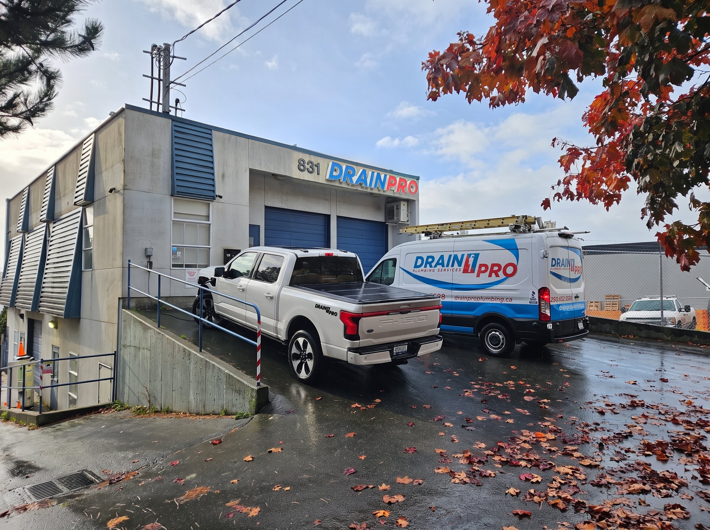 The Drain Pro shop and service van at 831 Shamrock Street, Victoria, in the rain